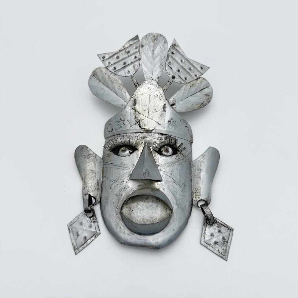 Vintage Mexican Tin Metal Wall Mask Folk Art Headdress Eyelashes Decor